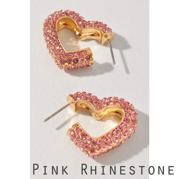 NEW Sparkly Bling Rhinestone Heart Love Hoop Earrings Cute Pretty Y2K Barbiecore - Picture 3 of 7